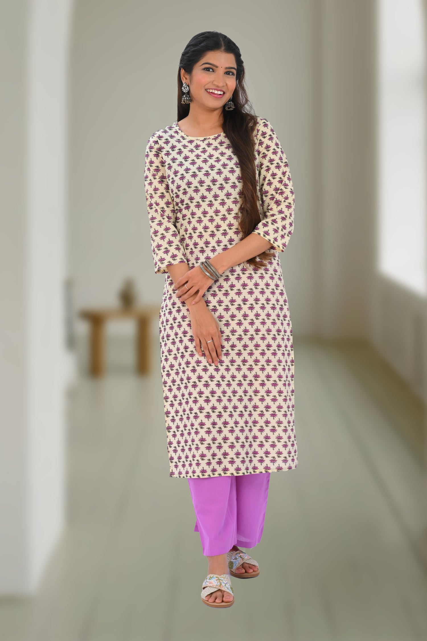 Cream Cotton Printed Kurta Set