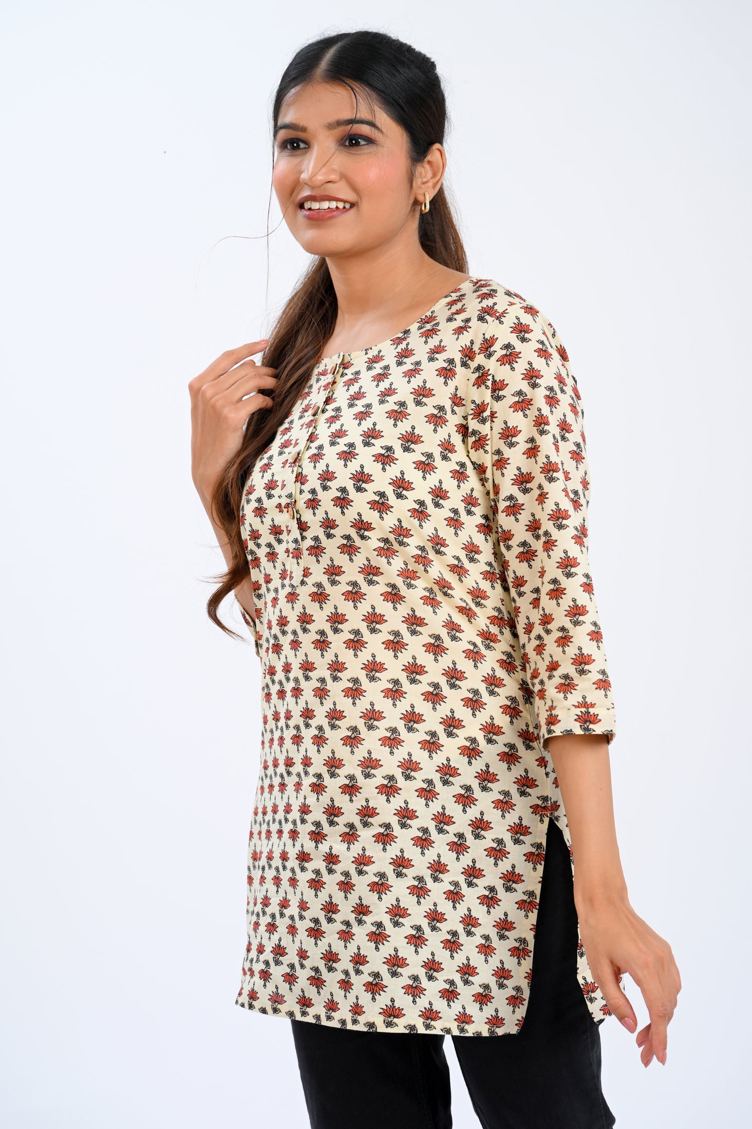 Cream Cotton Printed Short Kurti