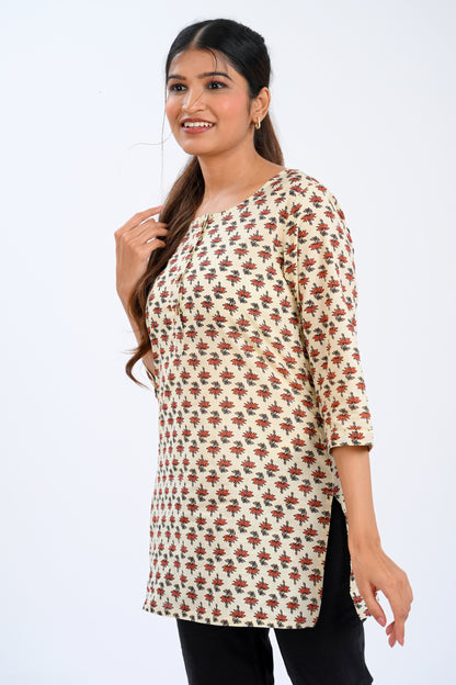 Cream Cotton Printed Short Kurti