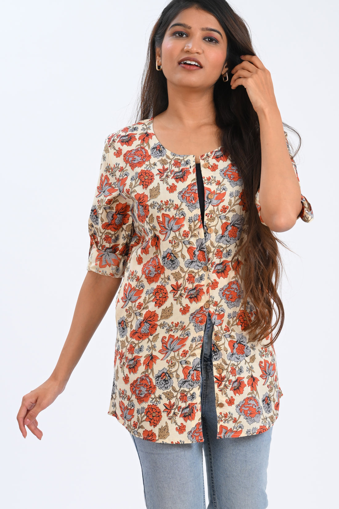 Cream Cotton Printed Short Kurti