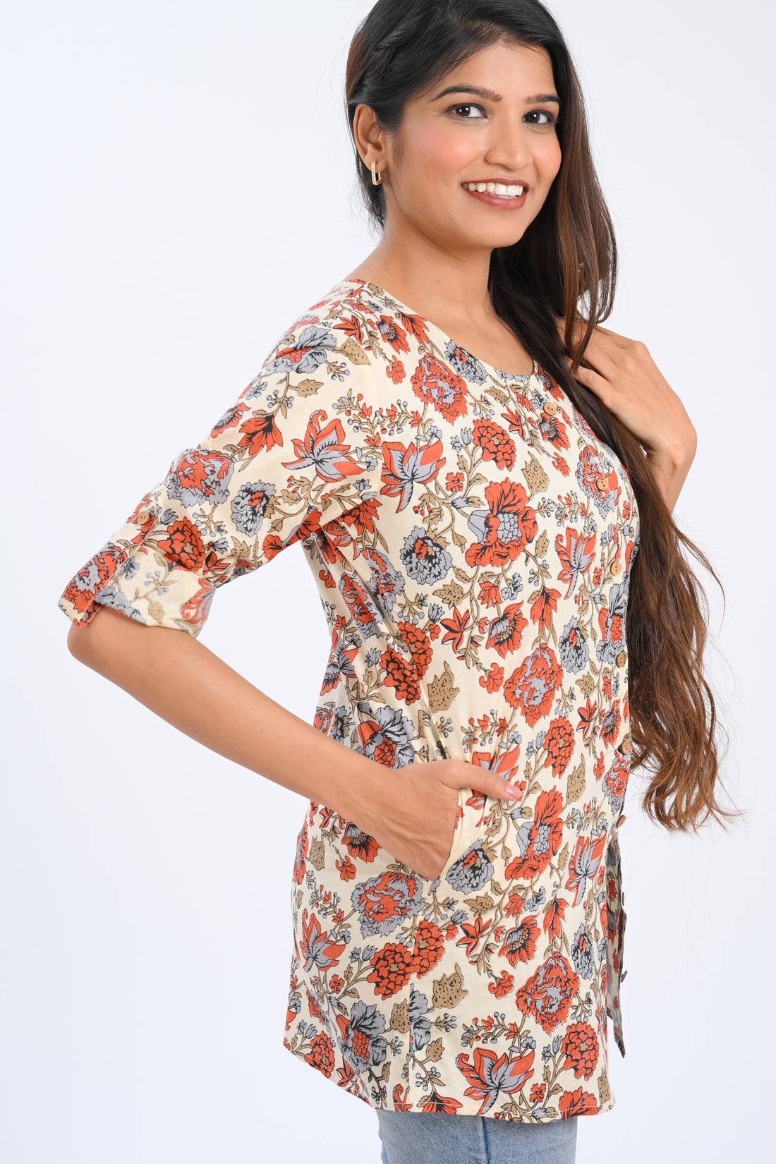 Cream Cotton Printed Short Kurti