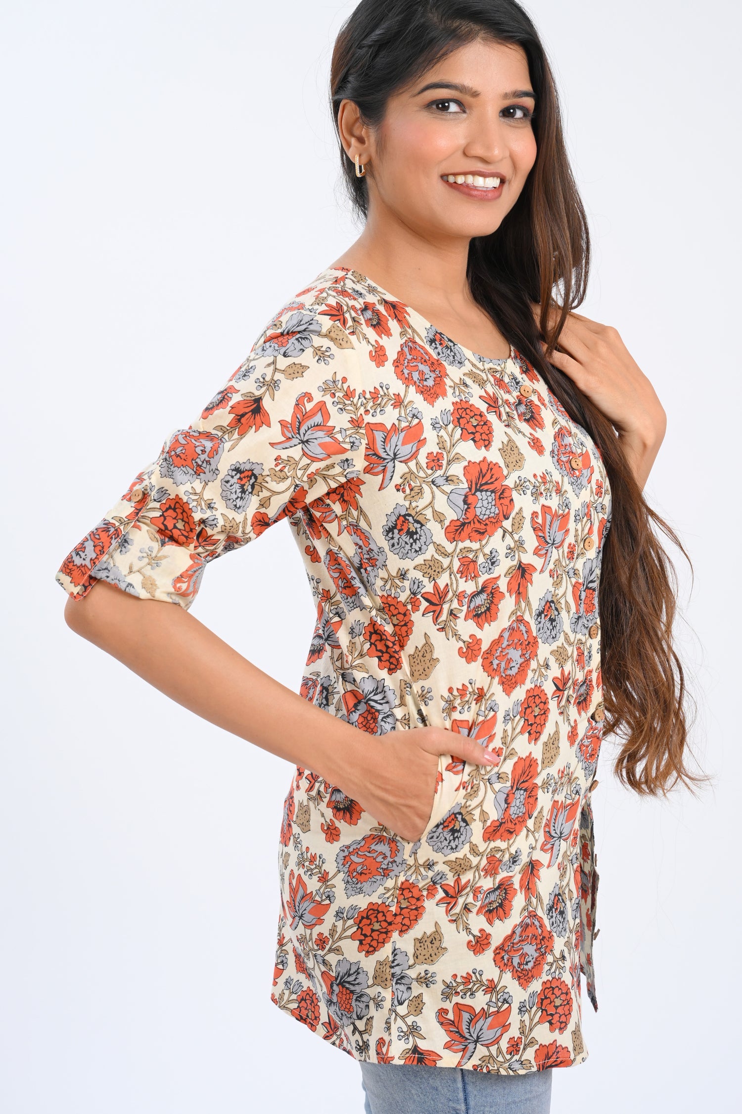 Cream Cotton Printed Short Kurti