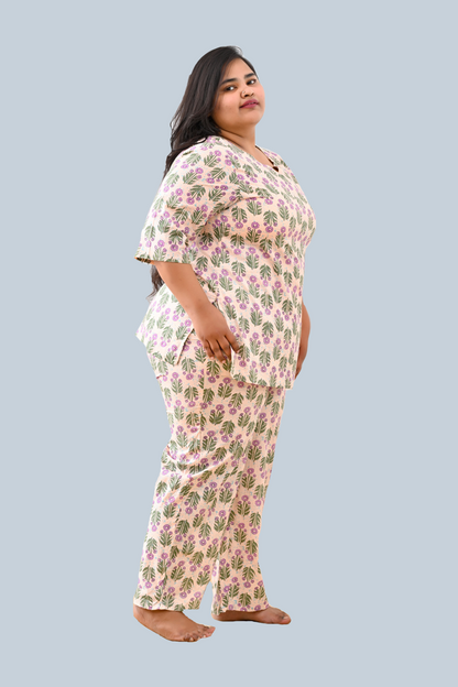 Cream Plus Size Cotton Printed Pyjama Set