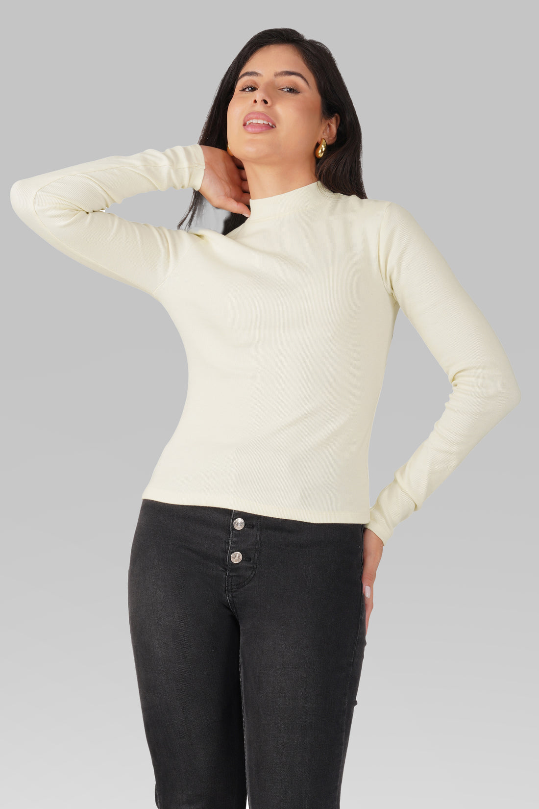 Cream Ribbed Mock Neck Long Sleeve Top