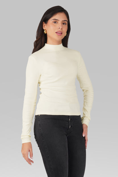 Cream Ribbed Mock Neck Long Sleeve Top