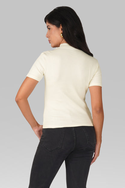 Cream Ribbed Mock Neck Short Sleeve Top