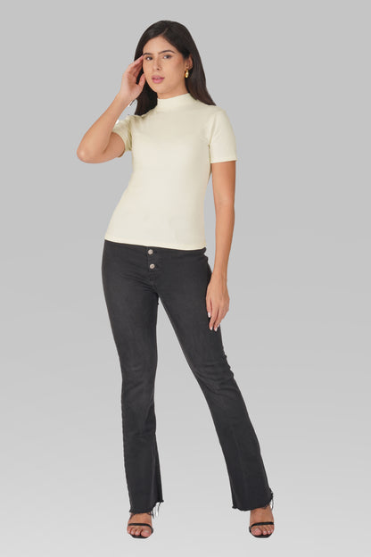 Cream Ribbed Mock Neck Short Sleeve Top
