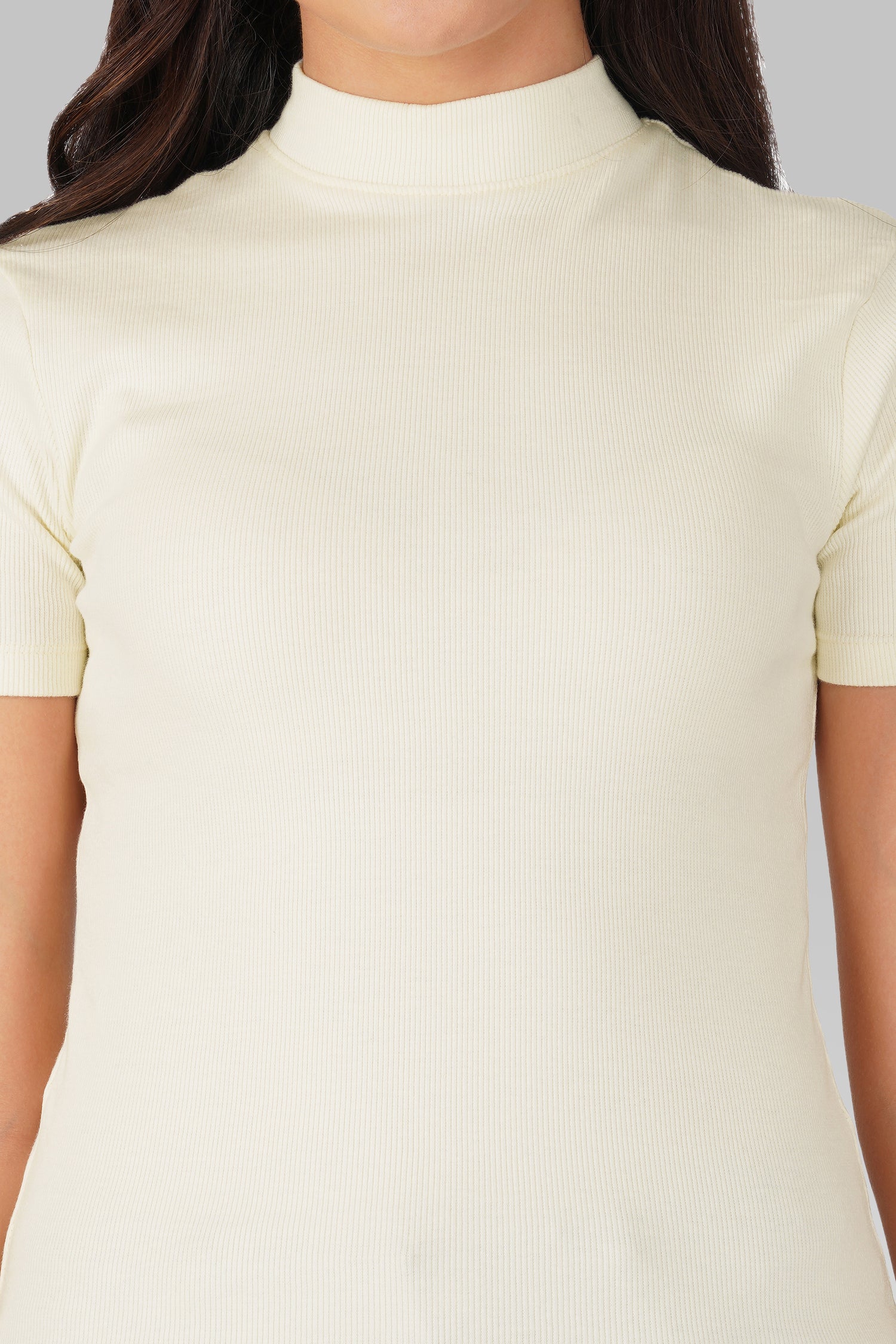 Cream Ribbed Mock Neck Short Sleeve Top