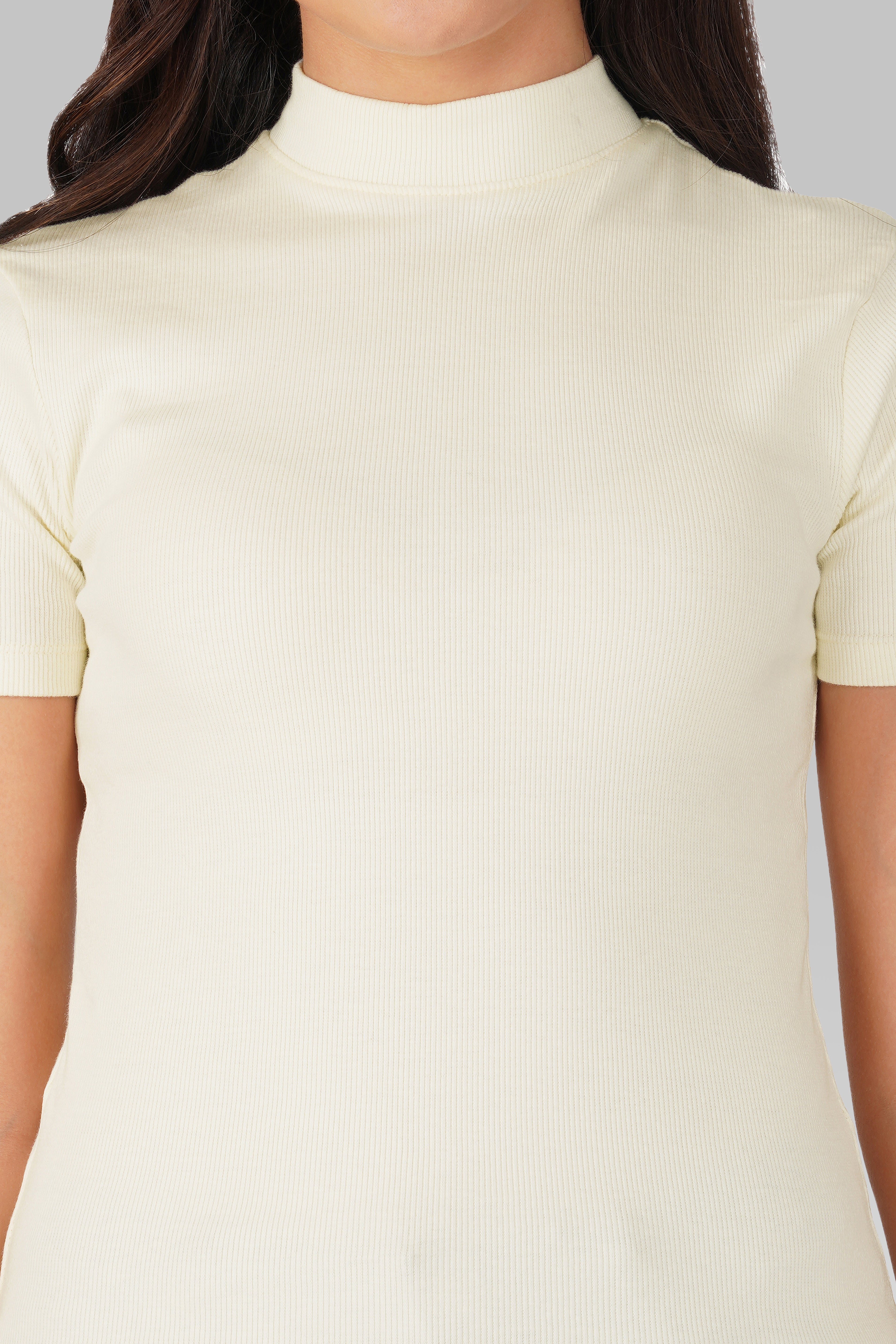 Cream Ribbed Mock Neck Short Sleeve Top