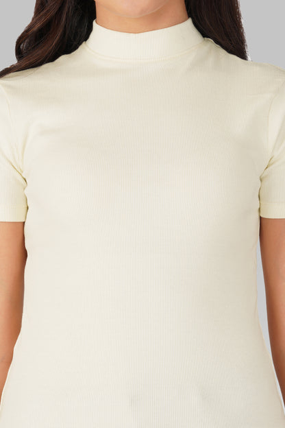 Cream Ribbed Mock Neck Short Sleeve Top