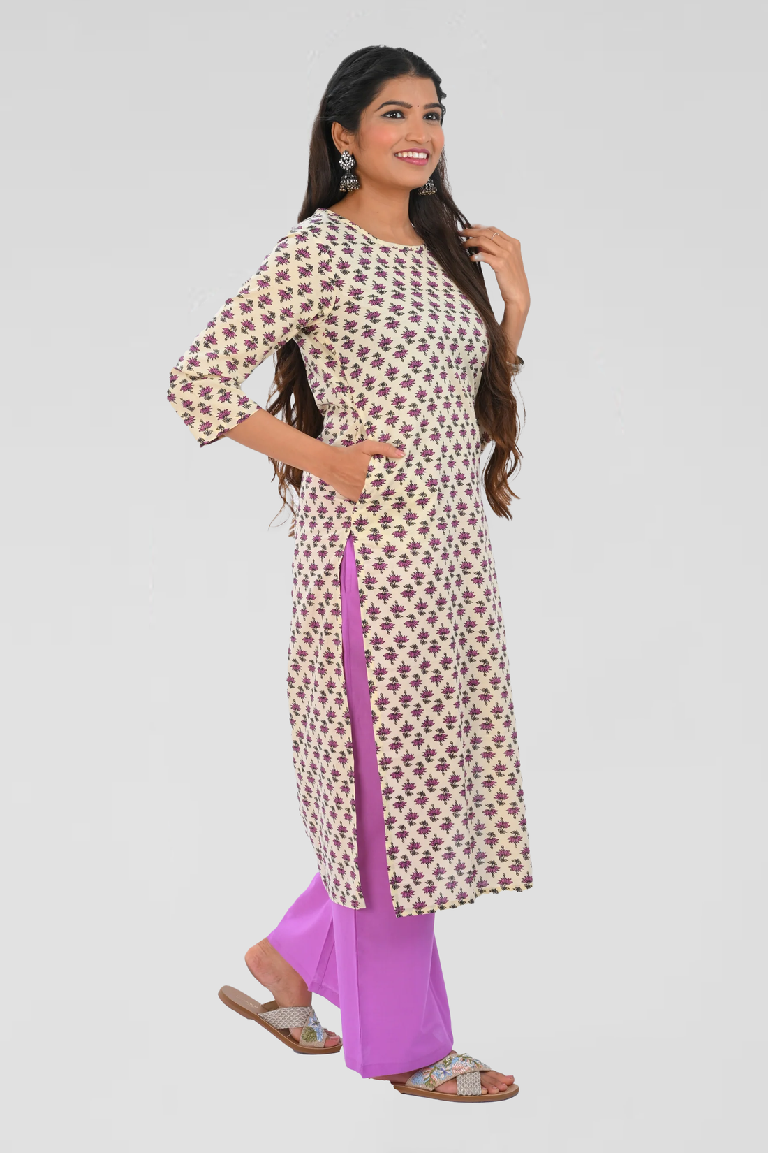 Cream Cotton Printed Kurta Set