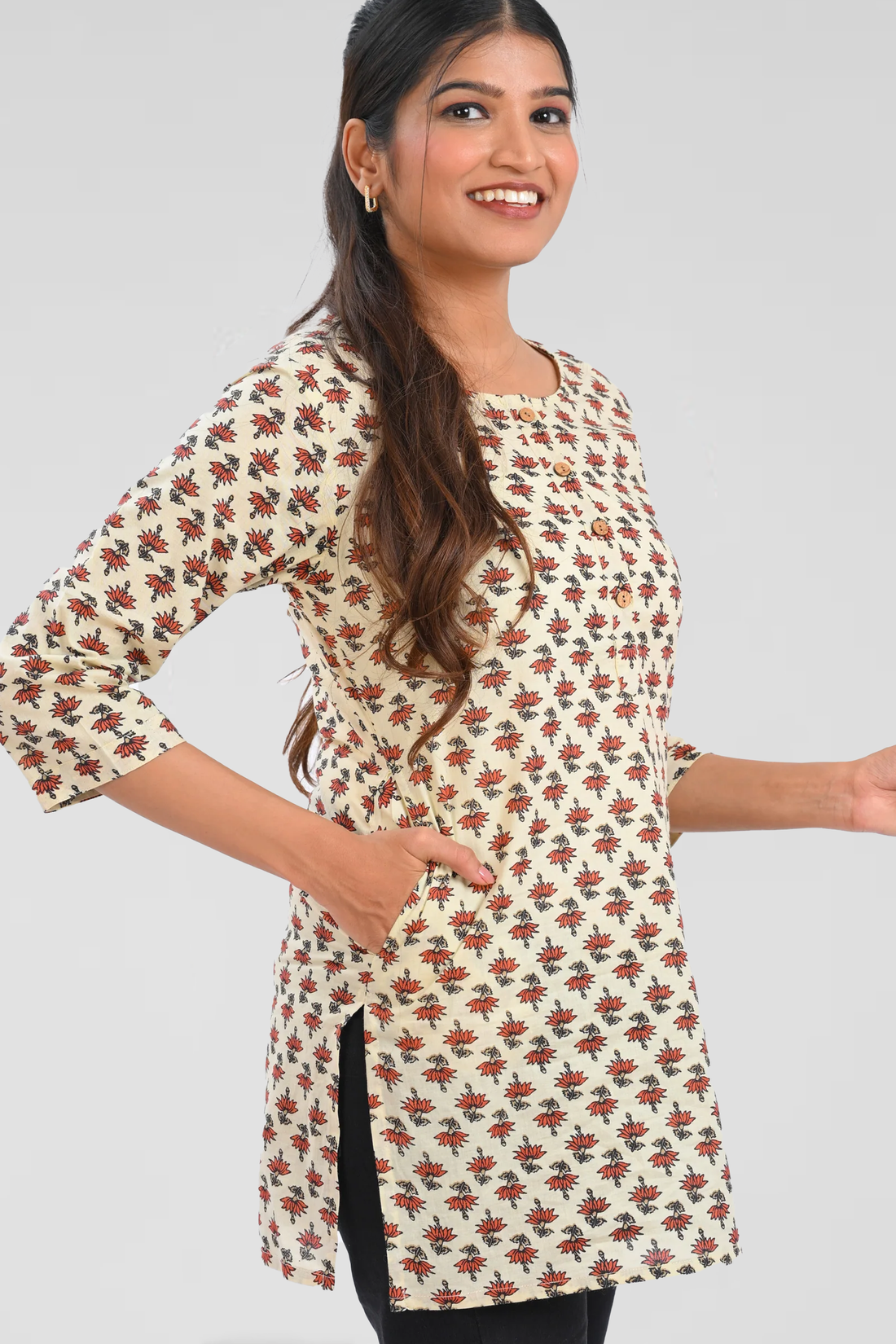 Cream Cotton Printed Short Kurti