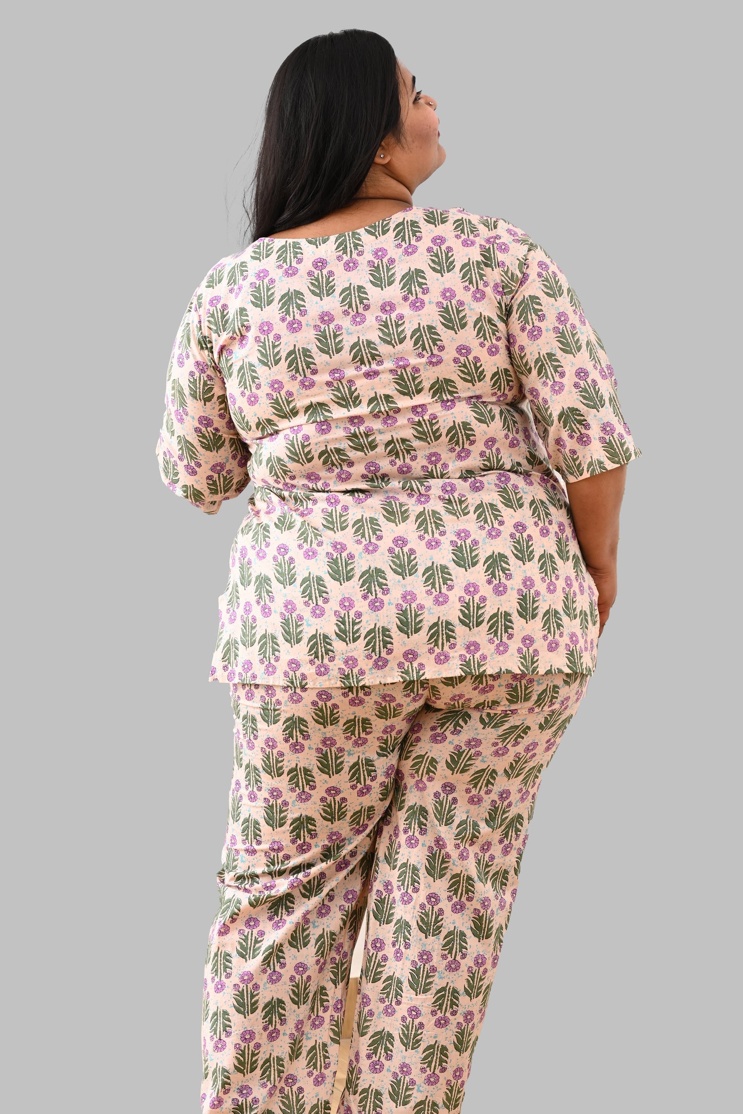 Cream Plus Size Cotton Printed Pyjama Set