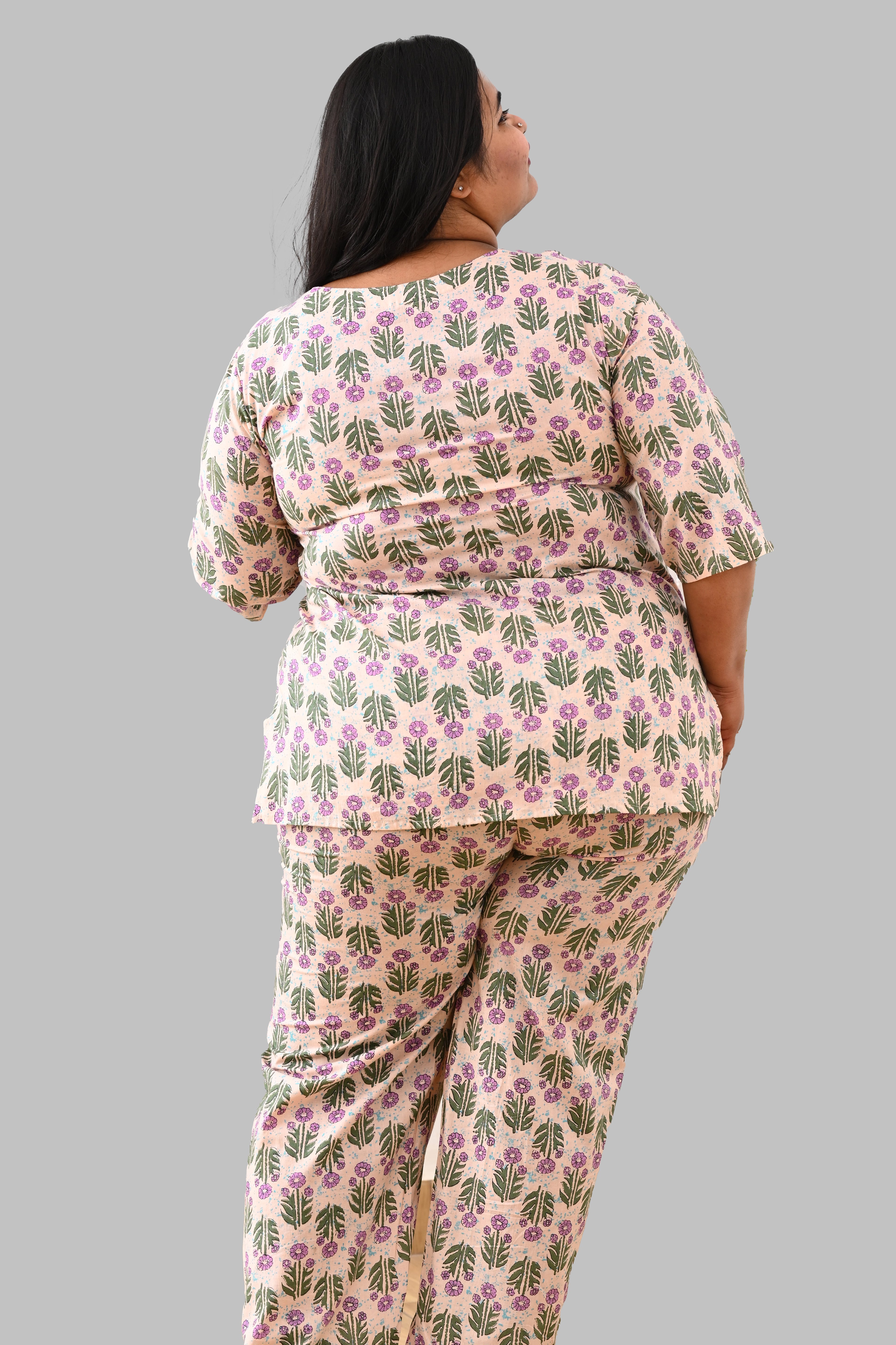 Cream Plus Size Cotton Printed Pyjama Set