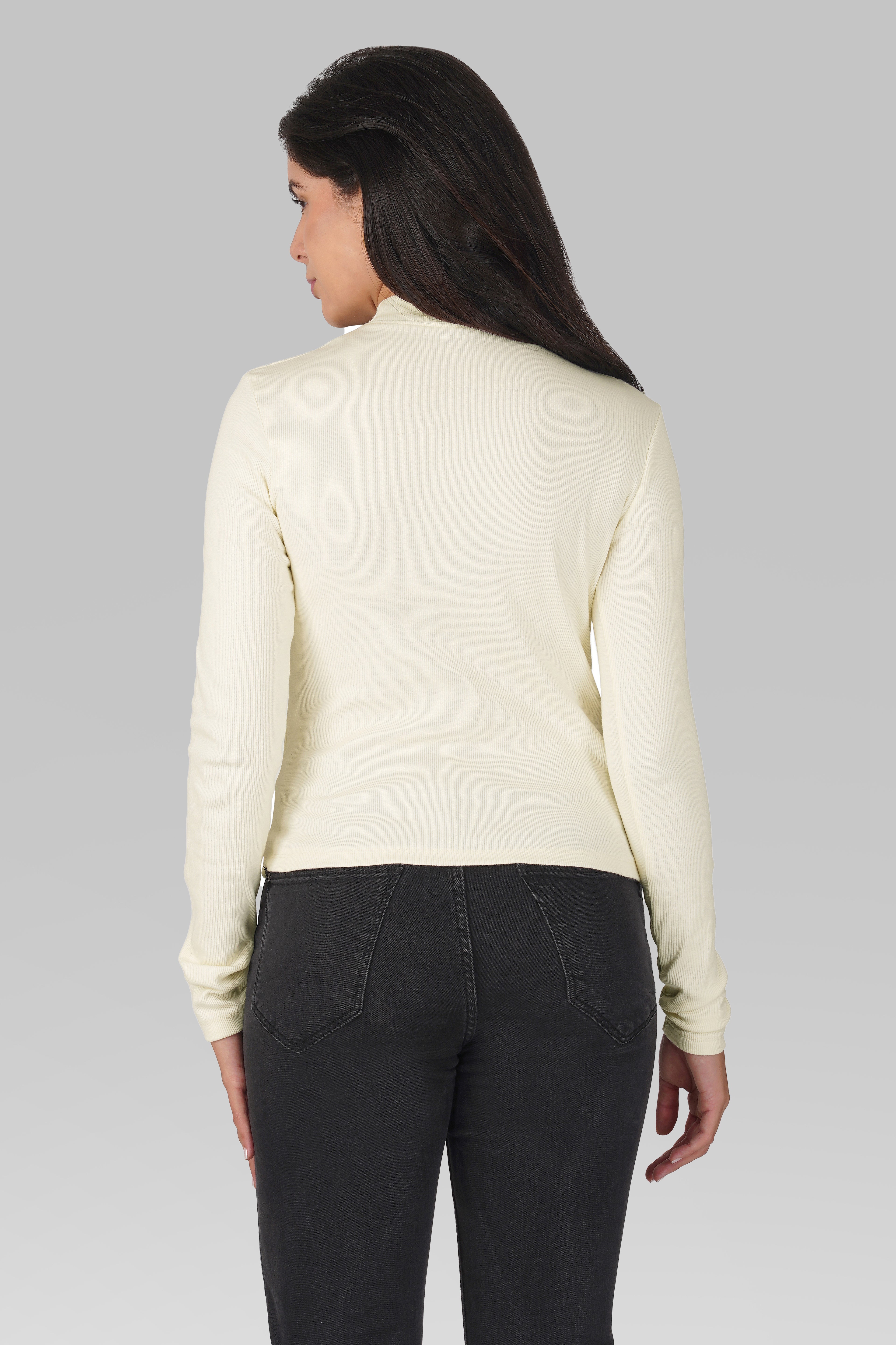 Cream Ribbed Mock Neck Long Sleeve Top