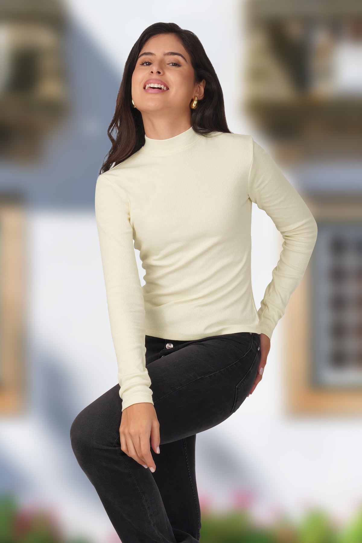 Cream Ribbed Mock Neck Long Sleeve Top