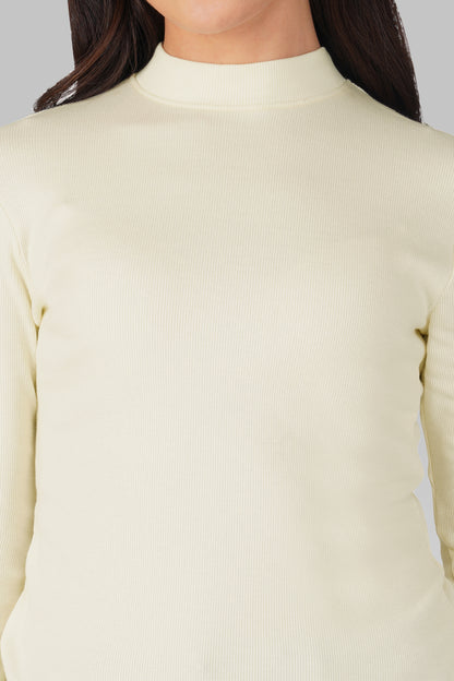 Cream Ribbed Mock Neck Long Sleeve Top