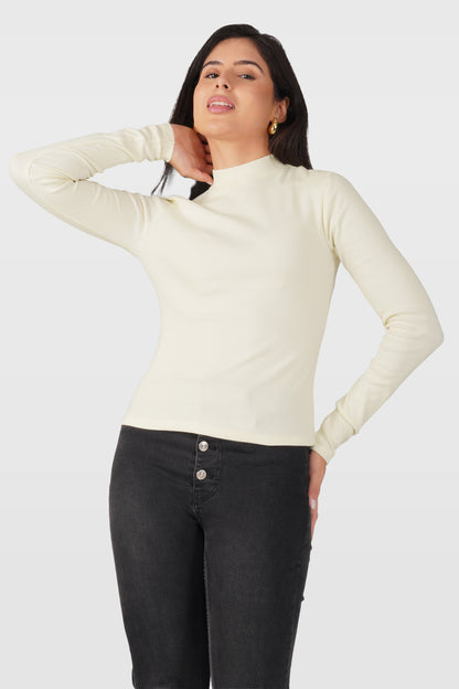 Cream Ribbed Mock Neck Short Sleeve Top