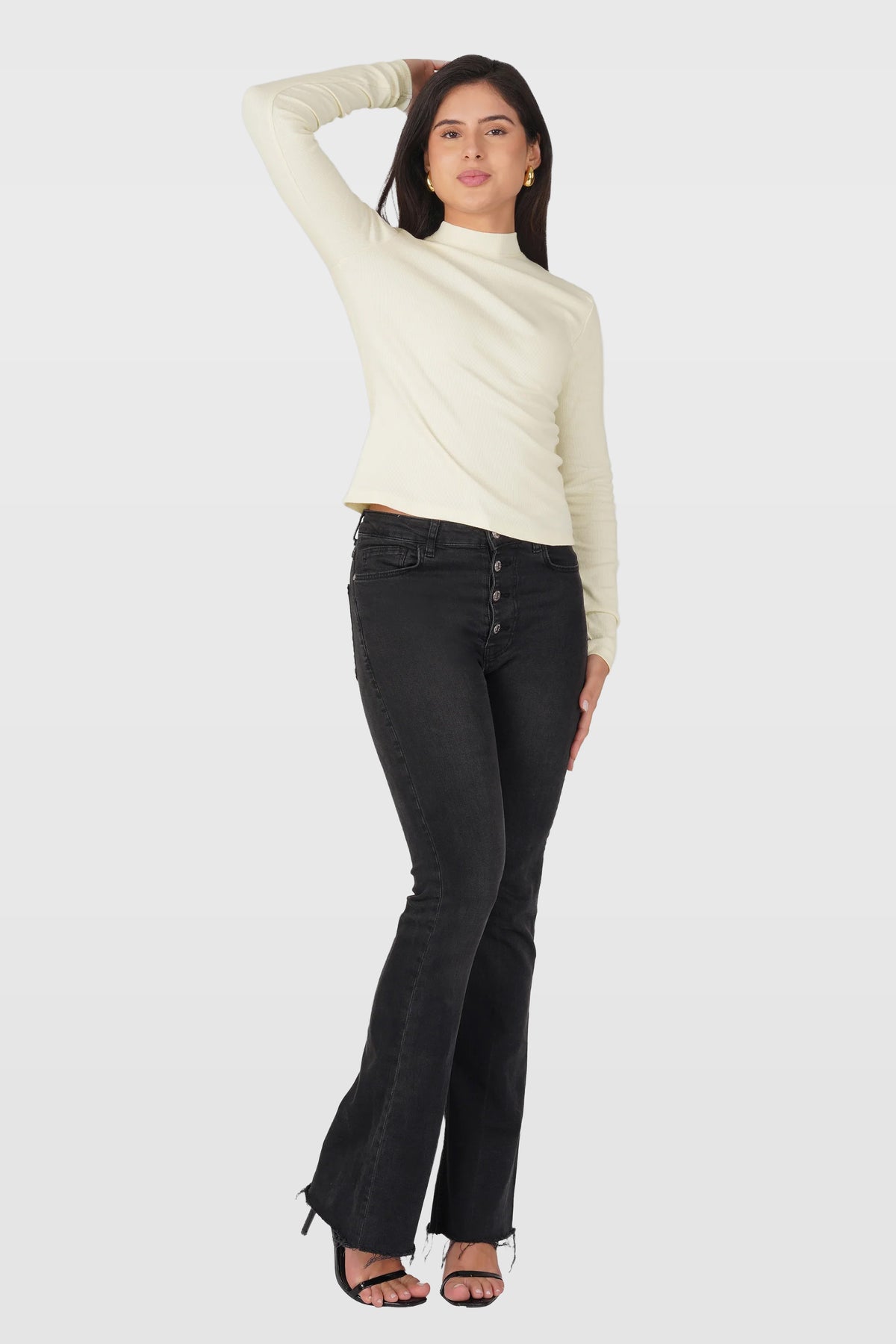 Cream Ribbed Mock Neck Long Sleeve Top