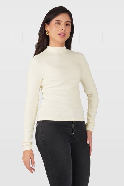 Cream Ribbed Mock Neck Long Sleeve Top