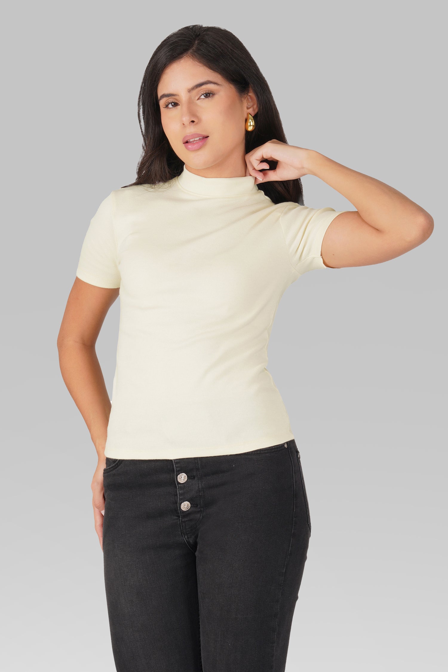 Cream Ribbed Mock Neck Short Sleeve Top