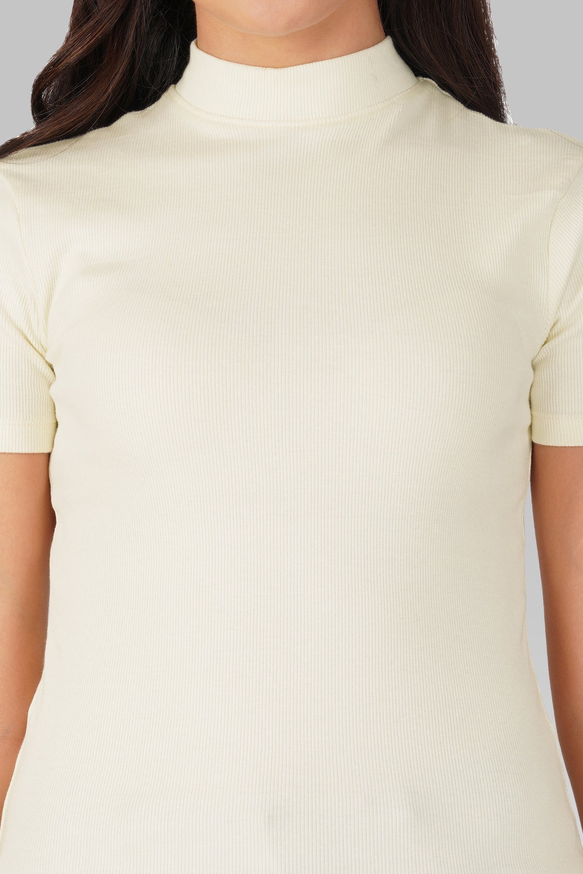Cream Ribbed Mock Neck Short Sleeve Top