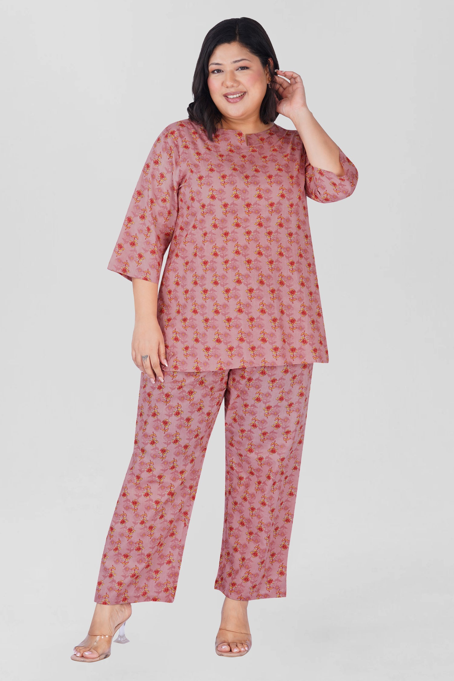 Creamy Berry Plus Size Cotton Printed Pyjama Set