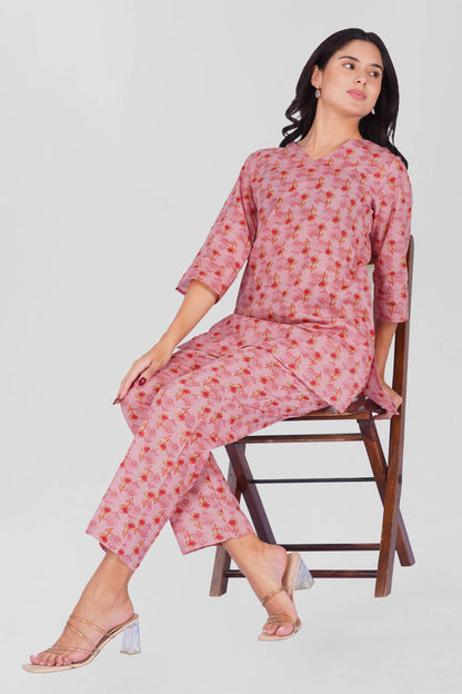 Creamy Berry V Neck Cotton Printed Pyjama Set