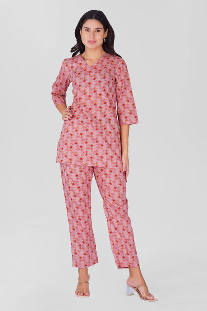 Creamy Berry V Neck Cotton Printed Pyjama Set