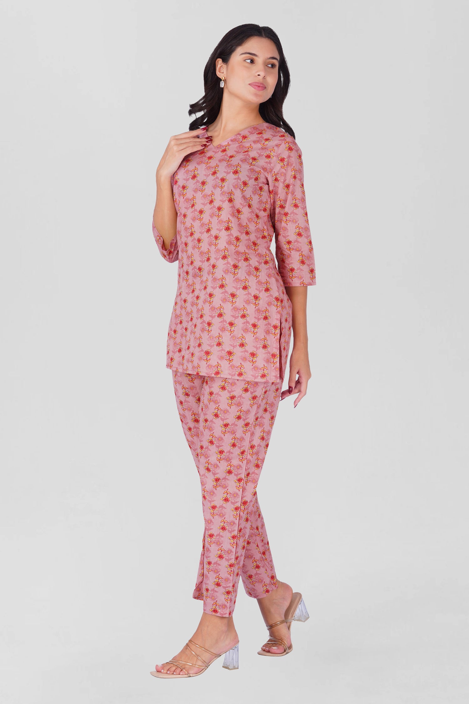 Creamy Berry V Neck Cotton Printed Pyjama Set