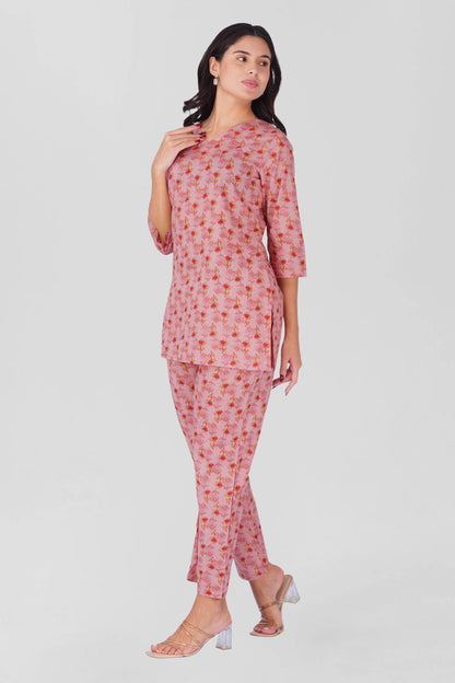 Creamy Berry V Neck Cotton Printed Pyjama Set