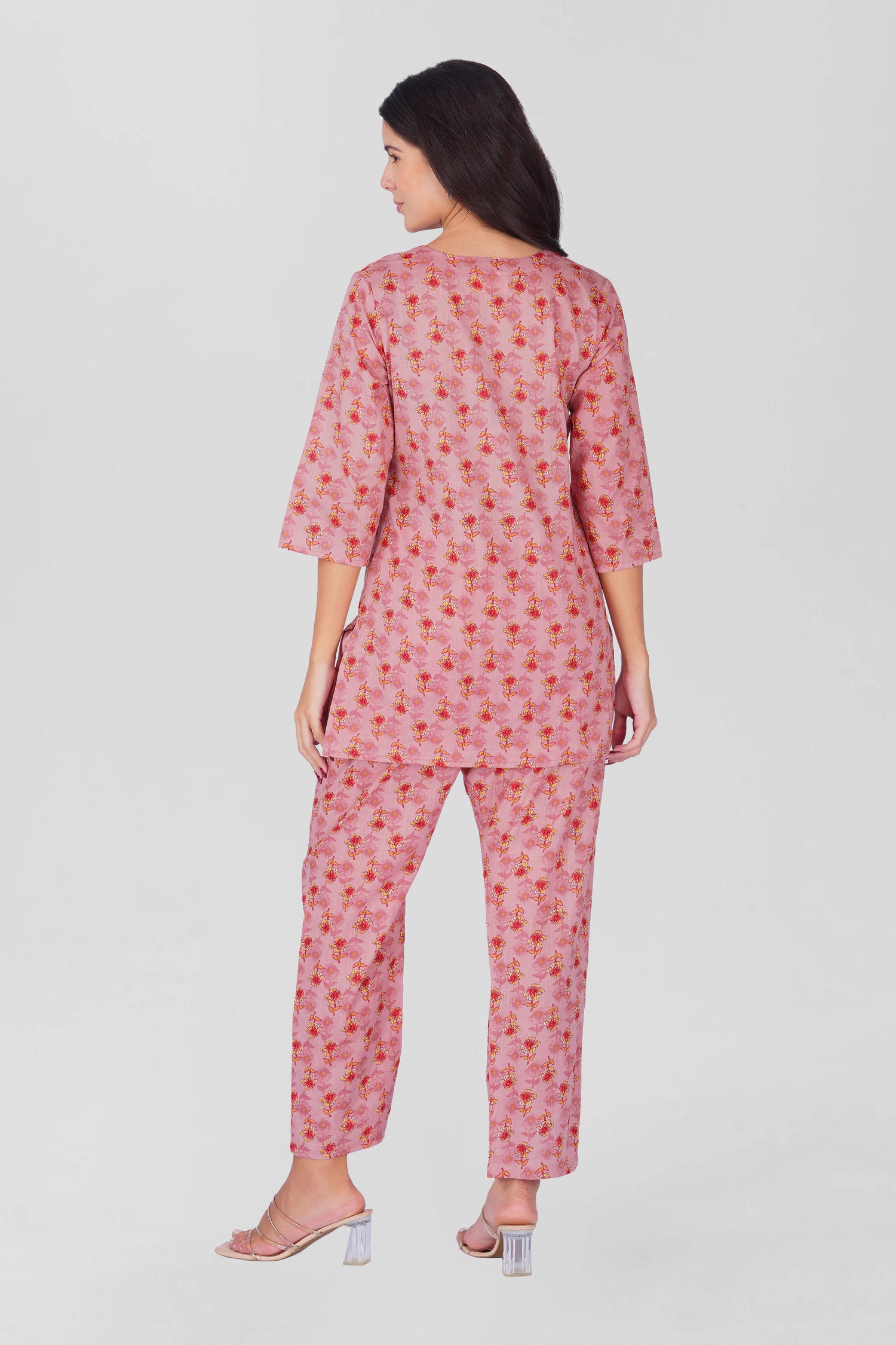 Creamy Berry V Neck Cotton Printed Pyjama Set