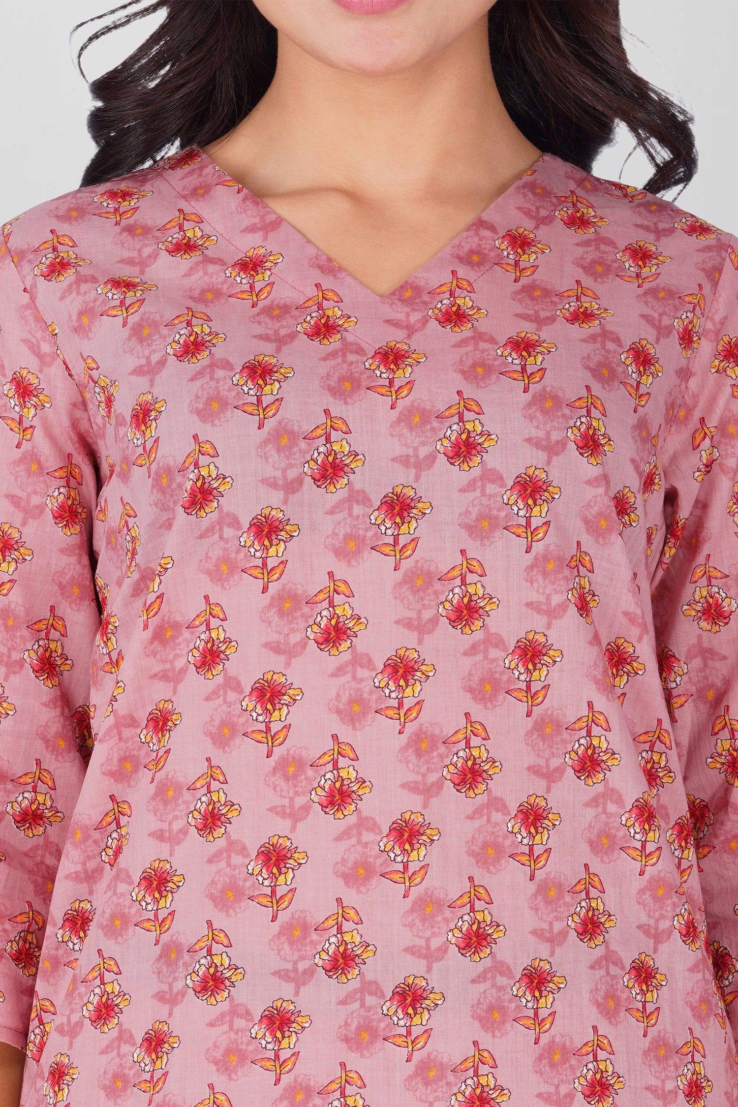 Creamy Berry V Neck Cotton Printed Pyjama Set