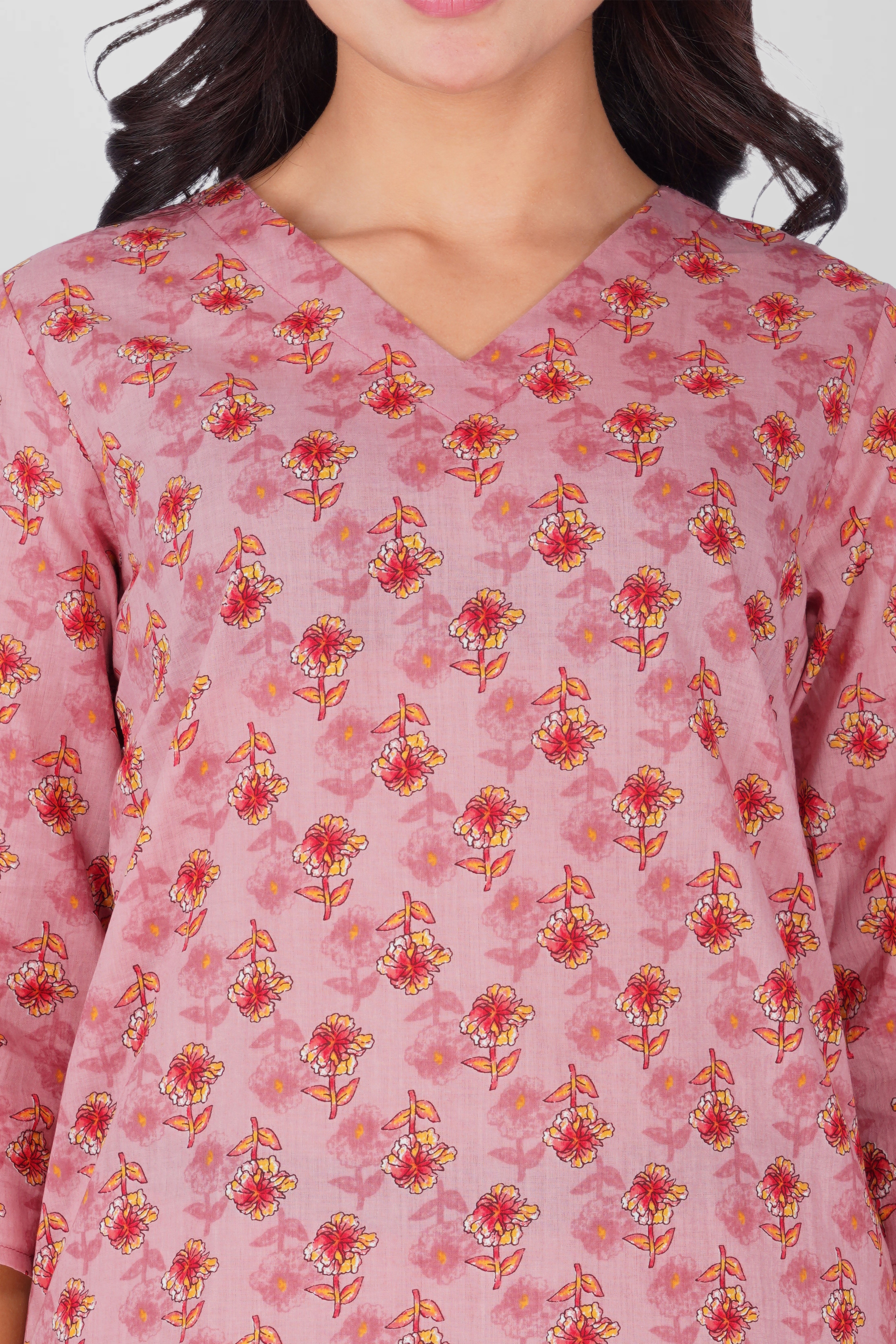 Creamy Berry V Neck Cotton Printed Pyjama Set