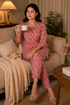 Creamy Berry V Neck Cotton Printed Pyjama Set