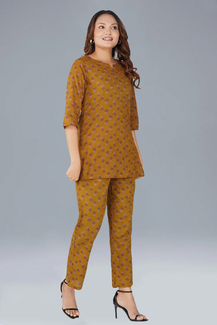 Dark Mustard Cotton Printed Pyjama Set