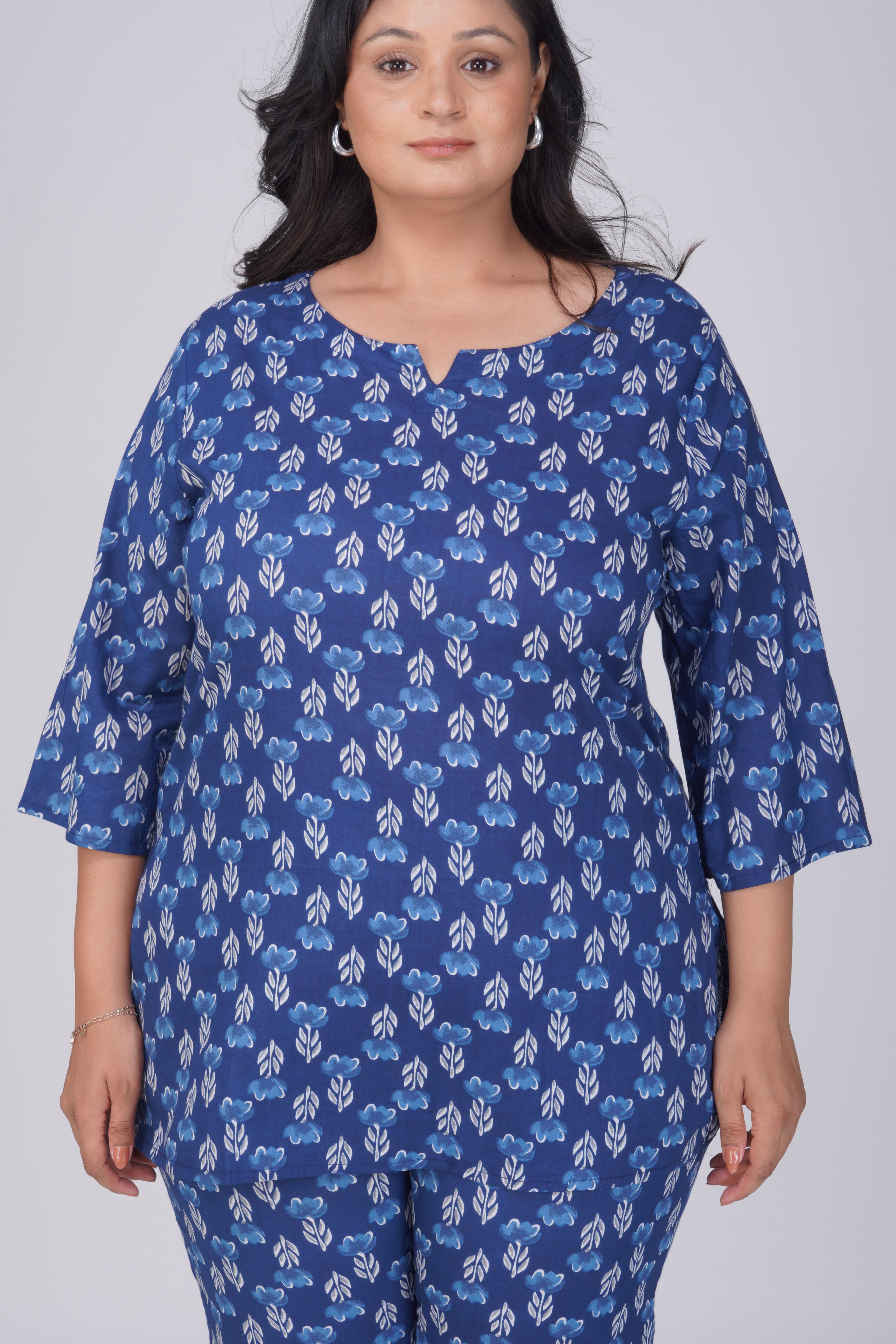 Dark Midnight Blue Plus Size Cotton Printed Pyjama Set