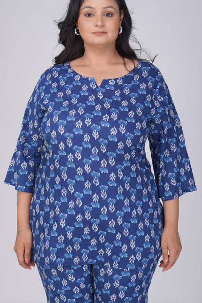 Dark Midnight Blue Plus Size Cotton Printed Pyjama Set