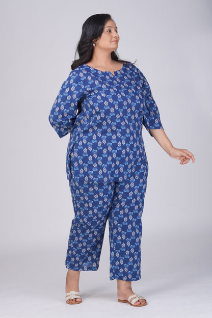 Dark Midnight Blue Plus Size Cotton Printed Pyjama Set