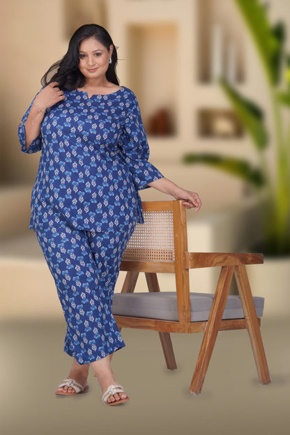 Dark Midnight Blue Plus Size Cotton Printed Pyjama Set