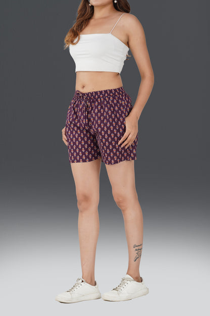 Deep Purple Cotton Printed Shorts