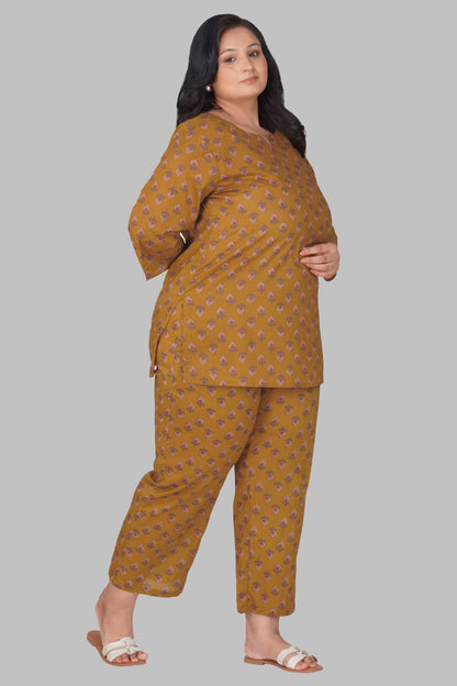 Dark Mustard Plus Size Cotton Printed Pyjama Set