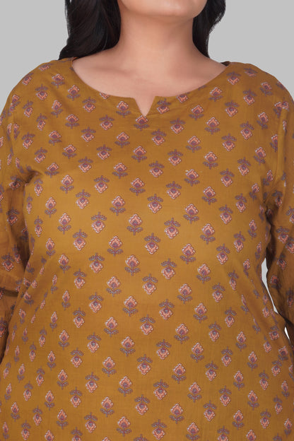Dark Mustard Plus Size Cotton Printed Pyjama Set