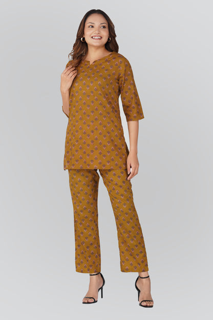 Dark Mustard Cotton Printed Pyjama Set