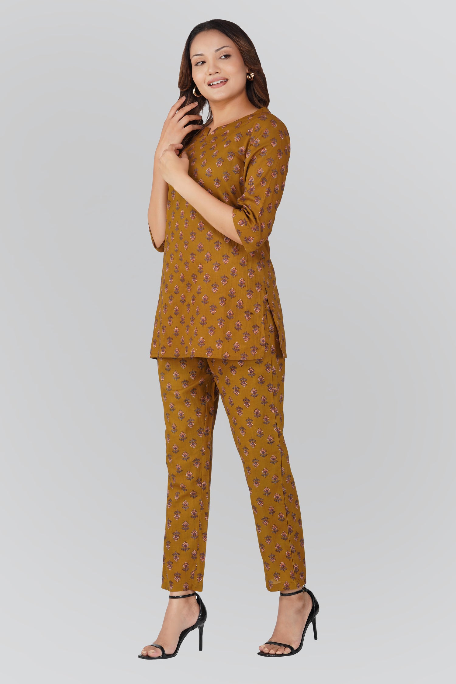 Dark Mustard Cotton Printed Pyjama Set