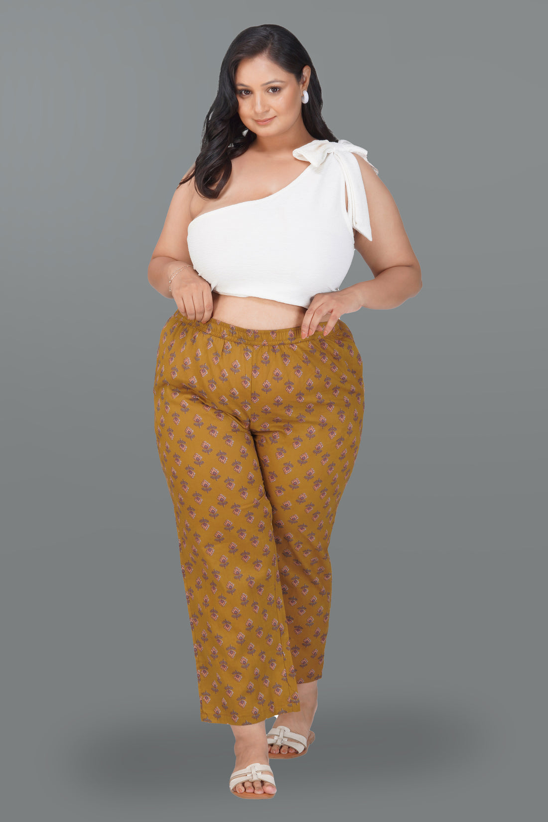 Dark Mustard Plus Size Cotton Printed Bottom