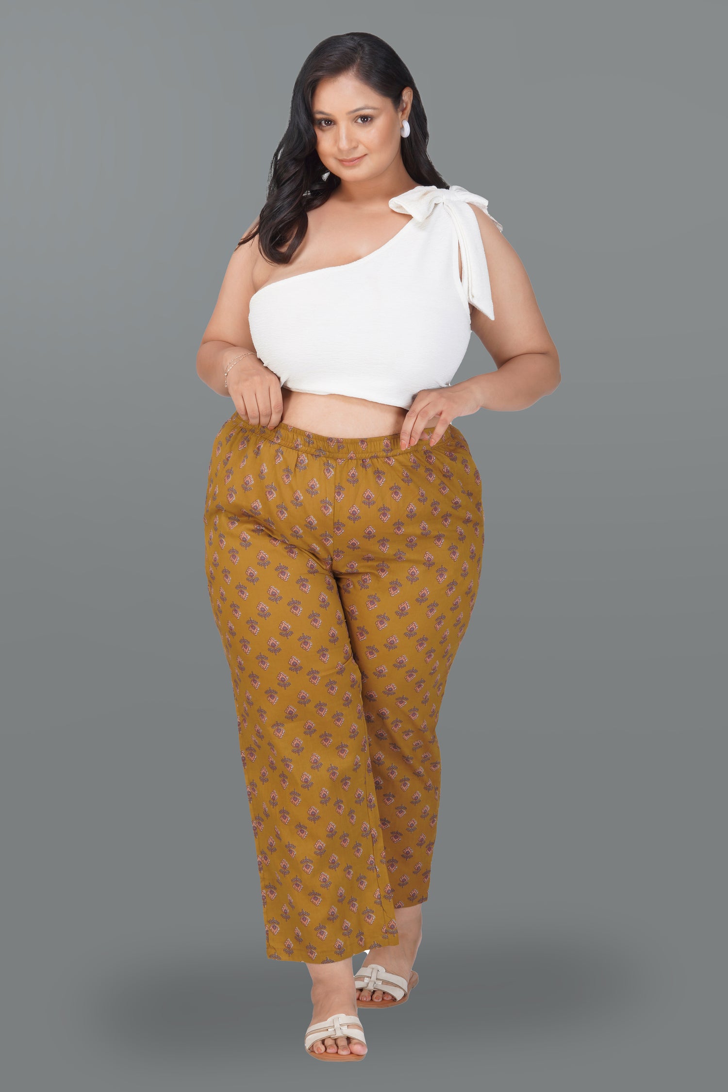 Dark Mustard Plus Size Cotton Printed Bottom