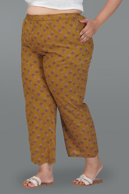Dark Mustard Plus Size Cotton Printed Bottom