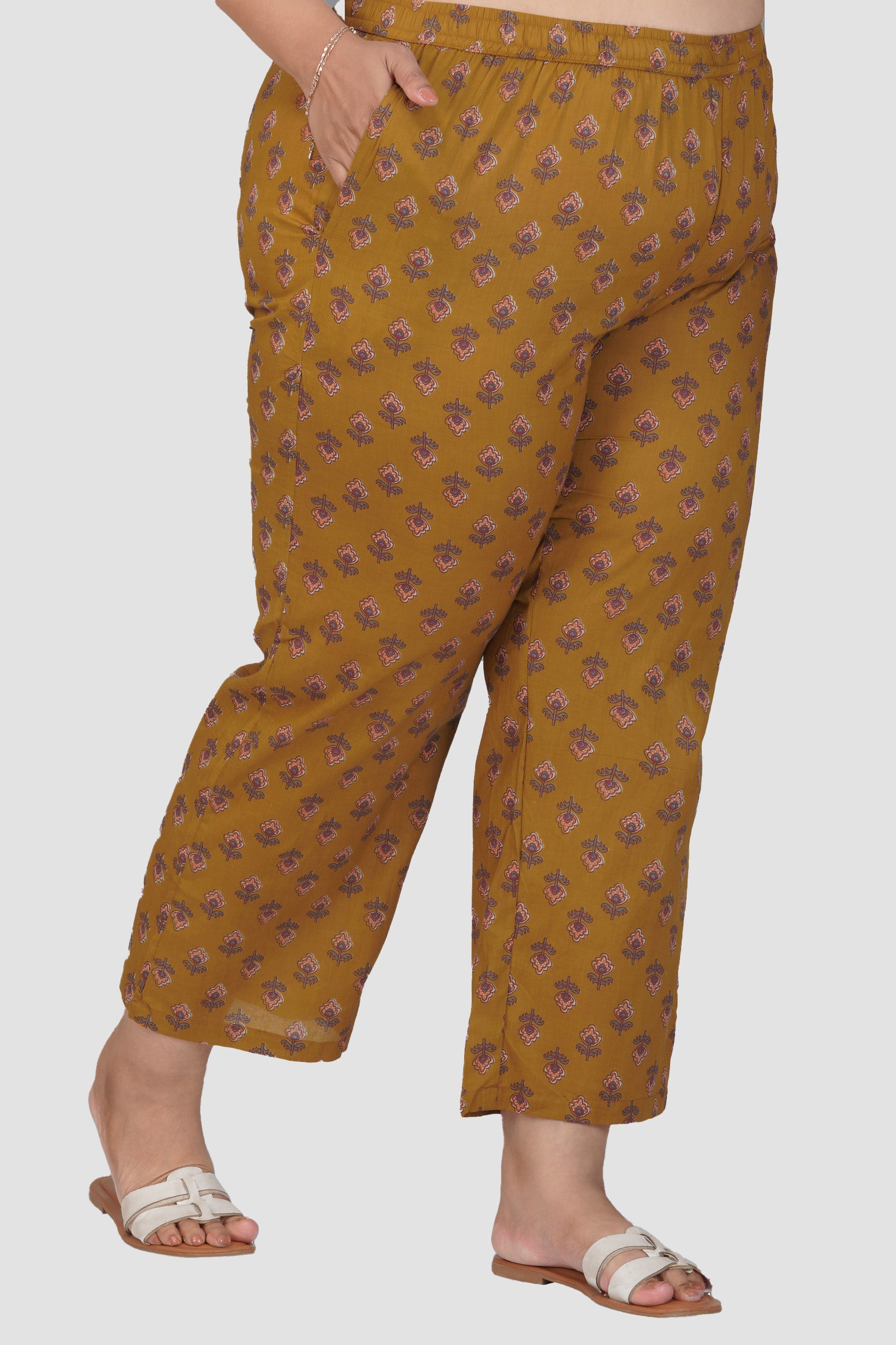 Dark Mustard Plus Size Cotton Printed Bottom