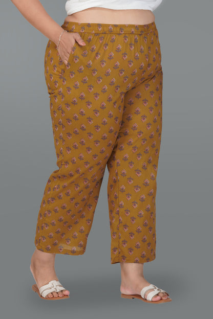 Dark Mustard Plus Size Cotton Printed Bottom